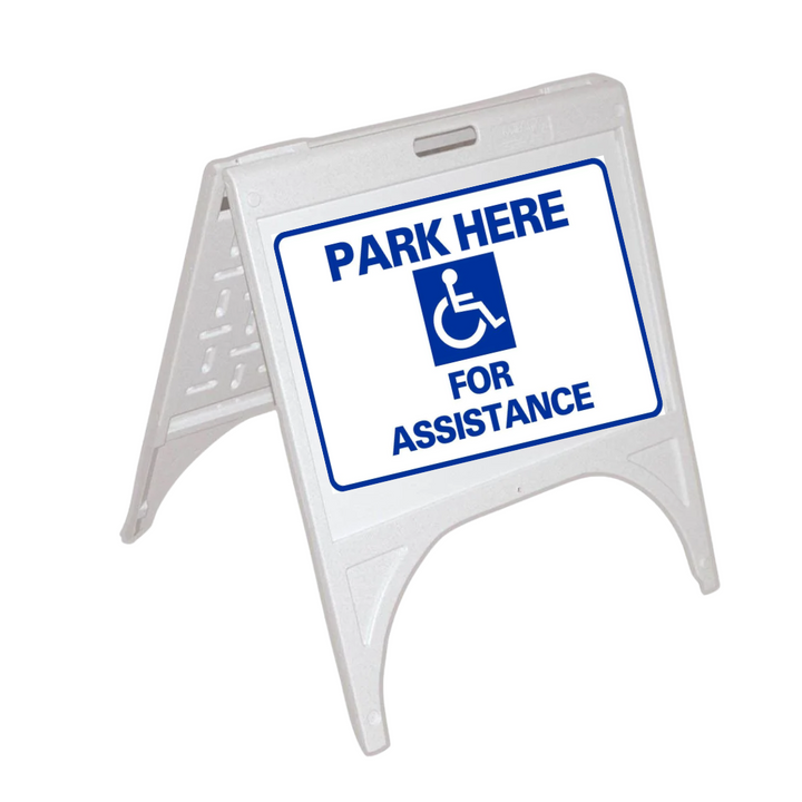 PARK HERE FOR ASSISTANCE Small A-Frame Sign (SG-106D)