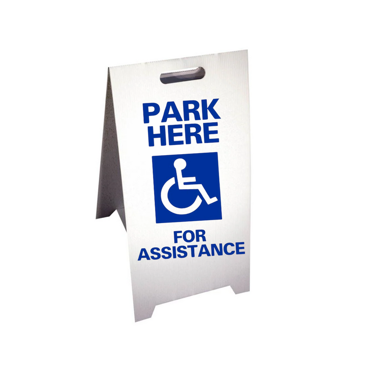 PARK HERE FOR ASSISTANCE Corrugated A-Frame Sign (SG-106F)