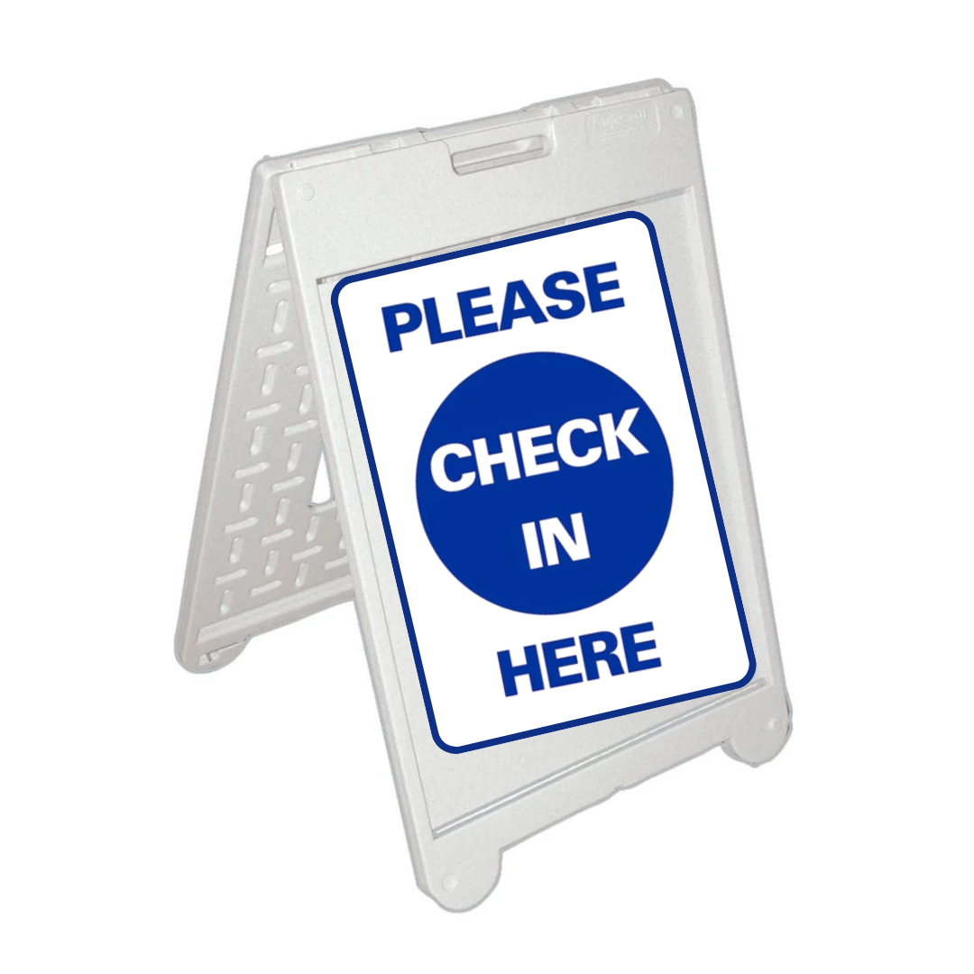 Check In Here Sign PLEASE CHECK IN HERE Medium A-Frame Sign (SG-308C) – ElectionSource