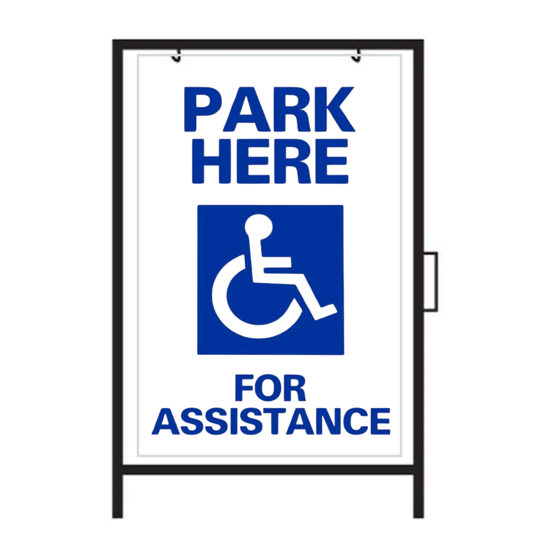 PARK HERE FOR ASSISTANCE DOUBLE-SIDED Metal A-Frame Sign (SG-106A2)
