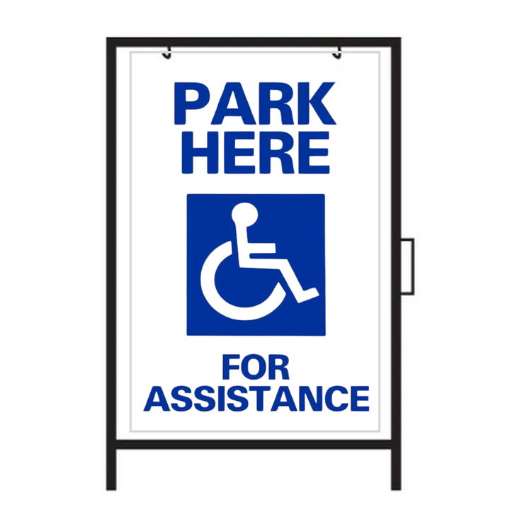 PARK HERE FOR ASSISTANCE DOUBLE-SIDED Metal A-Frame Sign (SG-106A2)