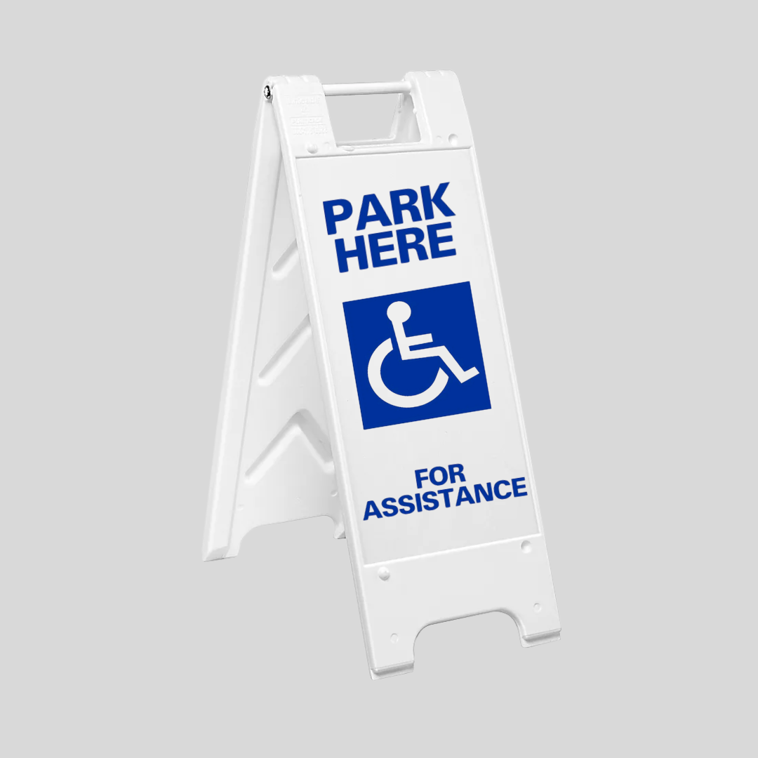 PARK HERE FOR ASSISTANCE Slim Sign (SG-106E)