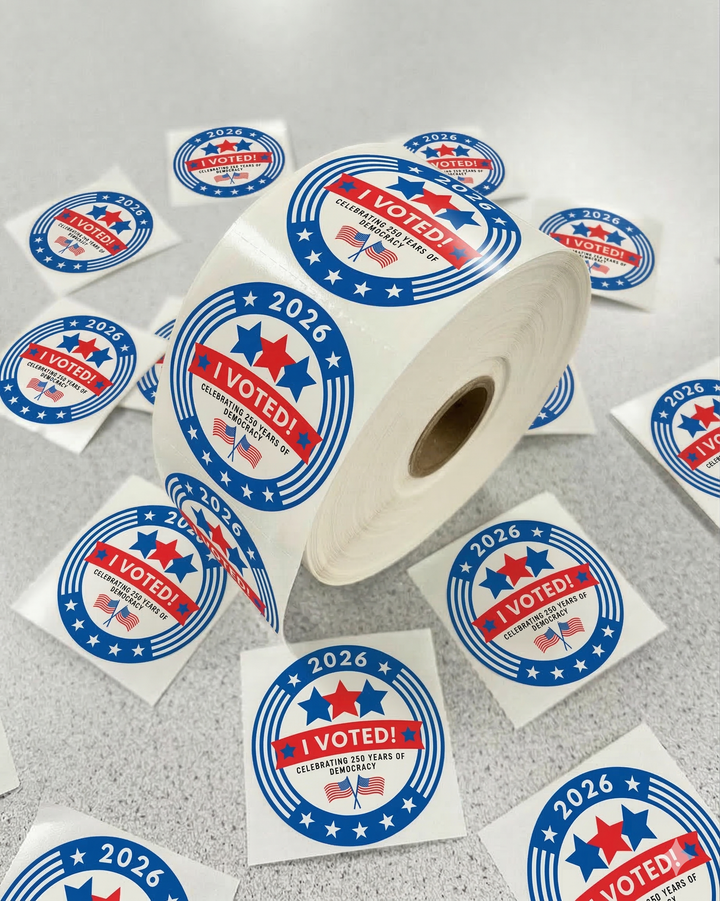 I Voted 2026 "Celebrating 250 Years of Democracy" sticker (PS-118)
