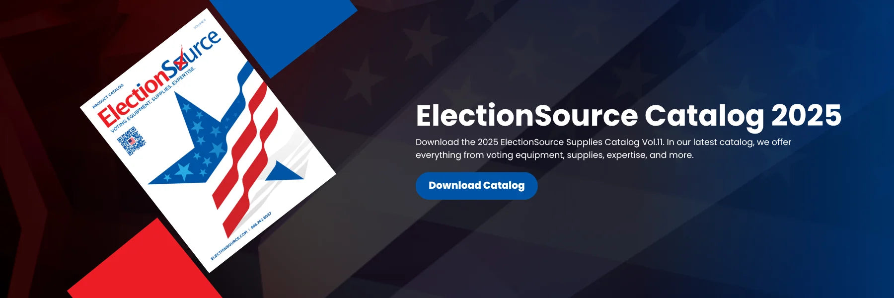 Download Catalog page hero banner with title ElectionSource Catalog 2025 and a photo of the catalog front cover