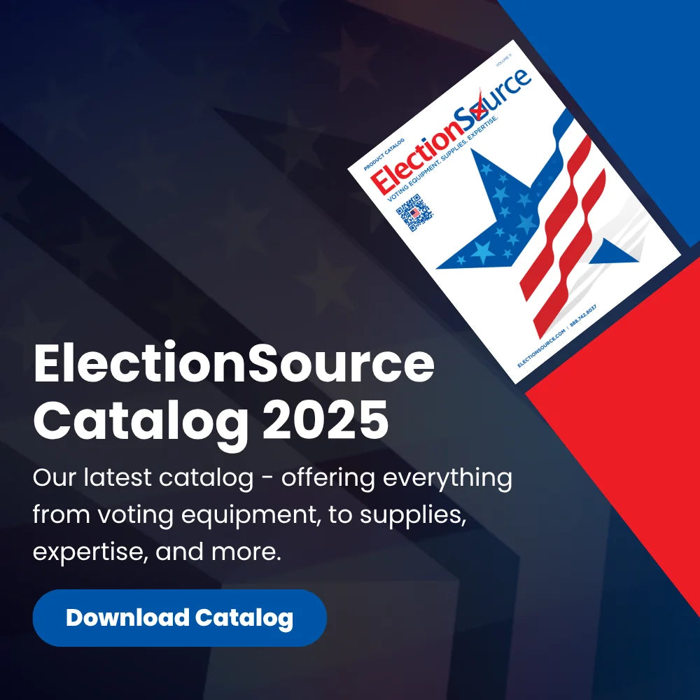 Download Catalog page mobile hero banner with title ElectionSource Catalog 2025 and a photo of the catalog front cover