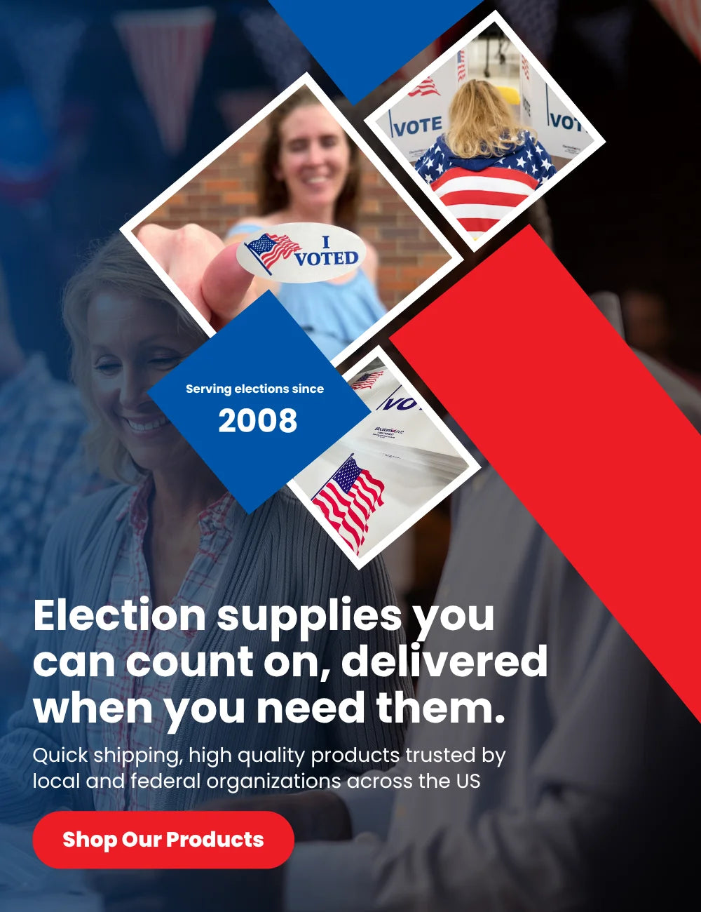 Homepage mobile hero banner with title Election supplies you can count on delivered when you need them