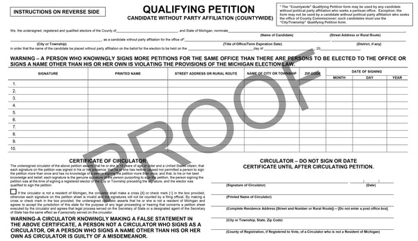 Qualifying Petition Candidate without Party Affiliation (County Wide)